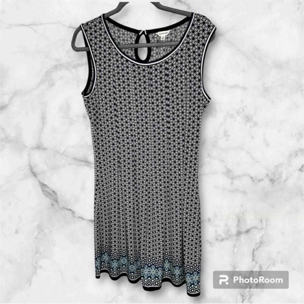 Max Studio Womens Jersey Knit Shift Dress Scoop Neck Stripe Pleated Navy Teal